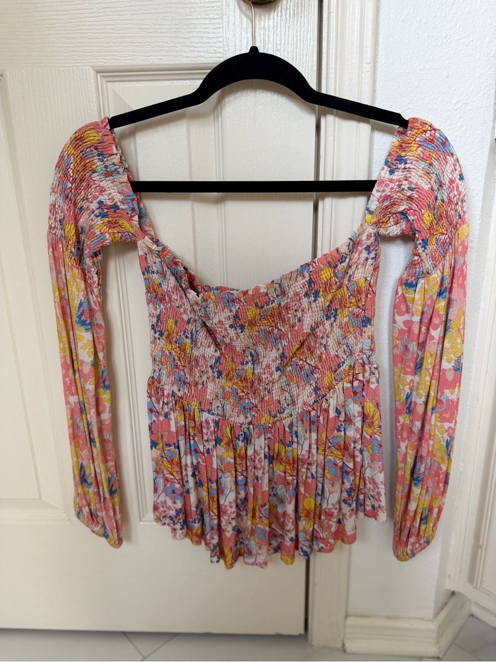 Anthropologie Pink Floral Smocked Off-Shoulder Blouse